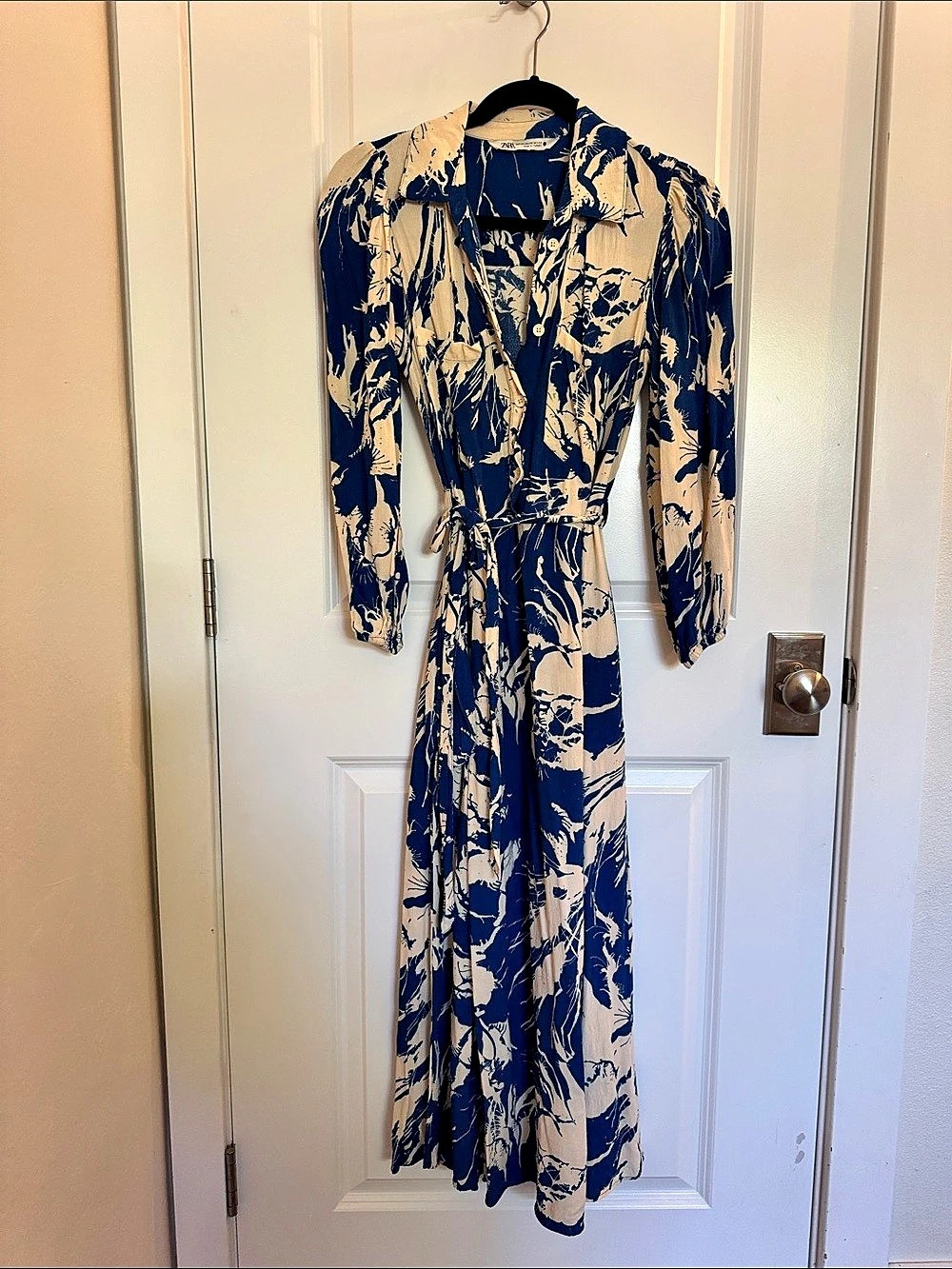 Zara Belted Printed Shirt Dress Abstract Maxi in Blue & Cream XS